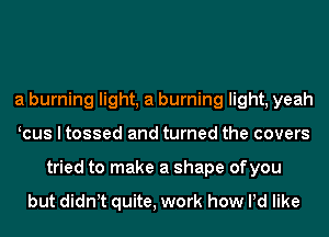 a burning light, a burning light, yeah
cus I tossed and turned the covers
tried to make a shape ofyou

but didn t quite, work how Pd like