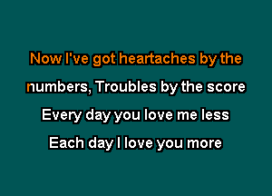 Now I've got heartaches by the
numbers, Troubles by the score

Every day you love me less

Each dayl love you more