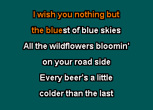 lwish you nothing but

the bluest of blue skies
All the wildflowers bloomin'
on your road side
Every beer's a little

colder than the last