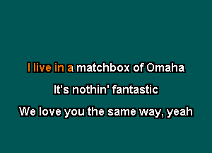 llive in a matchbox of Omaha

It's nothin' fantastic

We love you the same way, yeah