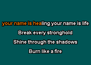 your name is healing your name is life

Break every stronghold

Shine through the shadows

Bum like a fire