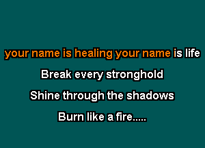 your name is healing your name is life

Break every stronghold

Shine through the shadows

Burn like a fire .....