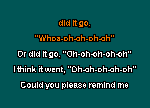 did it go,
Whoa-oh-oh-oh-oh
Or did it go, Oh-oh-oh-oh-oh
lthink it went, Oh-oh-oh-oh-oh

Could you please remind me