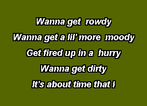 Wanna get rowdy

Wanna get a m'more moody

Get fired up in a hurry

Wanna get dirty

it's about time that 1