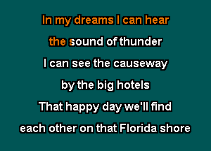 In my dreams I can hear
the sound ofthunder
I can see the causeway
by the big hotels
That happy day we'll find

each other on that Florida shore