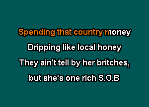 Spending that country money
Dripping like local honey

They ain't tell by her britches,
but she's one rich S.O.B