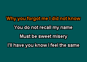 Why you forgot me I did not know
You do not recall my name

Must be sweet misery

I'll have you know I feel the same