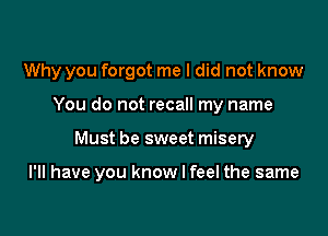 Why you forgot me I did not know
You do not recall my name

Must be sweet misery

I'll have you know I feel the same