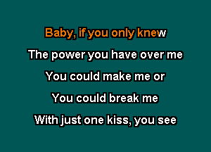 Baby, ifyou only knew
The power you have over me
You could make me or

You could break me

Withjust one kiss, you see