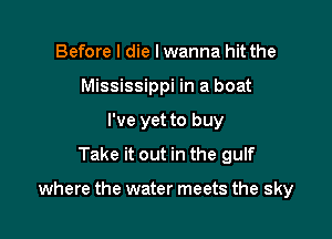 Before I die I wanna hit the
Mississippi in a boat
I've yet to buy
Take it out in the gulf

where the water meets the sky