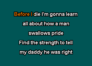 Before I die I'm gonna learn
all about how a man
swallows pride

Find the strength to tell

my daddy he was right