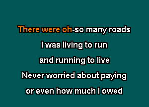 There were oh-so many roads
I was living to run

and running to live

Never worried about paying

or even how much I owed