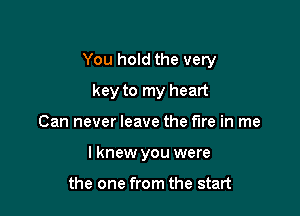 You hold the very

key to my heart
Can never leave the fire in me
I knew you were

the one from the start