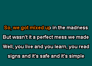 So, we got mixed up in the madness
But wasn't it a perfect mess we made
Well, you live and you learn, you read

signs and it's safe and it's simple