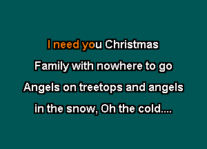 I need you Christmas

Family with nowhere to go

Angels on treetops and angels

in the snow, Oh the cold....