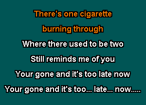 There's one cigarette
burning through
Where there used to be two
Still reminds me ofyou
Your gone and it's too late now

Your gone and it's too... late... now .....