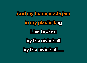 And my home-made jam

in my plastic bag
Lies broken
by the civic hall
by the civic hall .....