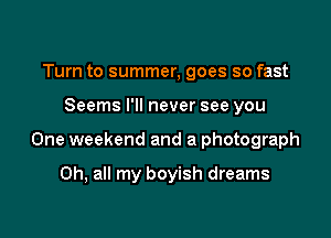 Turn to summer, goes so fast

Seems I'll never see you

One weekend and a photograph

Oh, all my boyish dreams