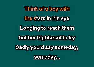 Think of a boy with
the stars in his eye
Longing to reach them

but too frightened to try

Sadly you'd say someday,

someday...