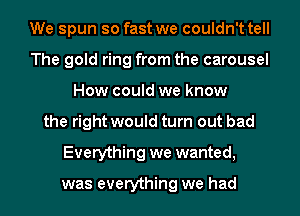 We spun so fast we couldn't tell
The gold ring from the carousel
How could we know
the right would turn out bad
Everything we wanted,

was everything we had