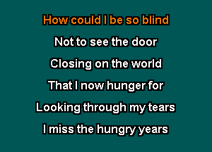 How could I be so blind
Not to see the door
Closing on the world

That I now hunger for

Looking through my tears

lmiss the hungry years