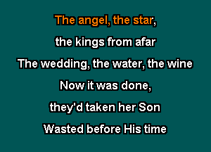 The angel, the star,

the kings from afar
The wedding, the water, the wine
Now it was done,
they'd taken her Son

Wasted before His time