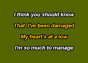 I think you should know
That I've been damaged

My heart's at a low

1m so much to manage
