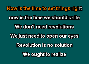 Now is the time to set things right
now is the time we should unite
We don't need revolutions
We just need to open our eyes
Revolution is no solution

We ought to realize