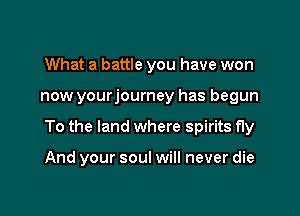 What a battle you have won

now yourjourney has begun

To the land where spirits fly

And your soul will never die