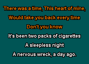 There was a time, This heart of mine,
Would take you back every time
Don't you know
It's been two packs of cigarettes
A sleepless night

A nervous wreck, a day ago.