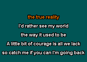 the true reality
I'd rather see my world
the way it used to be
A little bit of courage is all we lack

so catch me ifyou can I'm going back