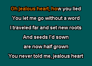 Ohjealous heart, how you lied
You let me go without a word
I traveled far and set new roots
And seeds I'd sown
are now half grown

You never told me,jealous heart