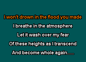 I won't drown in the flood you made
I breathe in the atmosphere
Let it wash over my fear
0fthese heights as I transcend

And become whole again ......