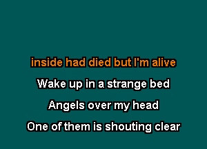 inside had died but I'm alive
Wake up in a strange bed

Angels over my head

One ofthem is shouting clear