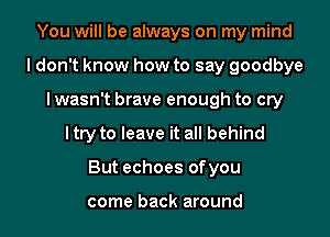 You will be always on my mind
ldon't know how to say goodbye
lwasn't brave enough to cry
ltry to leave it all behind
But echoes ofyou

come back around