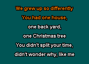 We grew up so differently
You had one house,
one back yard,

one Christmas tree

You didn't split your time,

didn't wonder why, like me