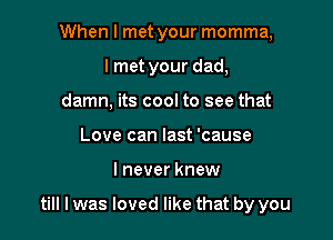 When I met your momma,
lmet your dad,
damn, its cool to see that
Love can last 'cause

I never knew

till I was loved like that by you