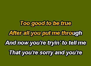 Too good to be true
After all you put me through
And now you 're tryin' to tell me

That you 're sorry and you 're