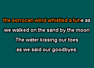 the sorrocan wind whistled a tune as
we walked on the sand by the moon
The water kissing our toes

as we said our goodbyes.