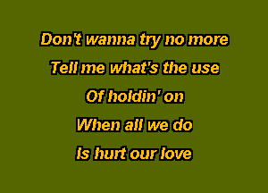 Don't wanna by no more

Tel! me what's the use
Of holdin' on
When all we do

Is hurt our love