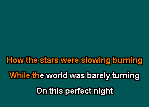 How the stars were slowing burning

While the world was barely turning

On this perfect night