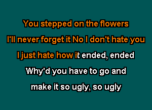 You stepped on the flowers
I'll never forget it No I don't hate you
ljust hate how it ended, ended
Why'd you have to go and

make it so ugly, so ugly