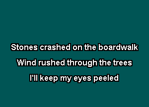 Stones crashed on the boardwalk

Wind rushed through the trees

I'll keep my eyes peeled