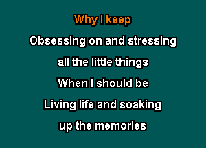 Whyl keep

Obsessing on and stressing

all the little things
When I should be
Living life and soaking

up the memories