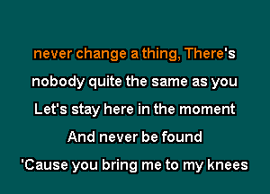 never change a thing, There's

nobody quite the same as you

Let's stay here in the moment
And never be found

'Cause you bring me to my knees