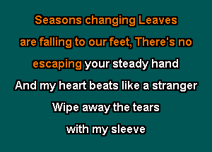 Seasons changing Leaves
are falling to our feet, There's no
escaping your steady hand
And my heart beats like a stranger
Wipe away the tears

with my sleeve