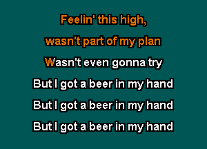 Feelin' this high,
wasn't part of my plan
Wasn't even gonna try

But I got a beer in my hand

But I got a beer in my hand

But I got a beer in my hand I