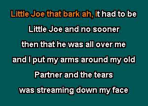 Little Joe that bark ah, it had to be
Little Joe and no sooner
then that he was all over me
and I put my arms around my old
Partner and the tears

was streaming down my face