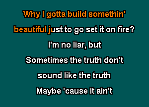 Why I gotta build somethin'
beautiful just to 90 set it on fire?
I'm no liar, but
Sometimes the truth don't
sound like the truth

Maybe 'cause it ain't