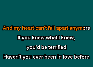 And my heart can't fall apart anymore
lfyou knew what I knew,
you'd be terrified

Haven't you ever been in love before